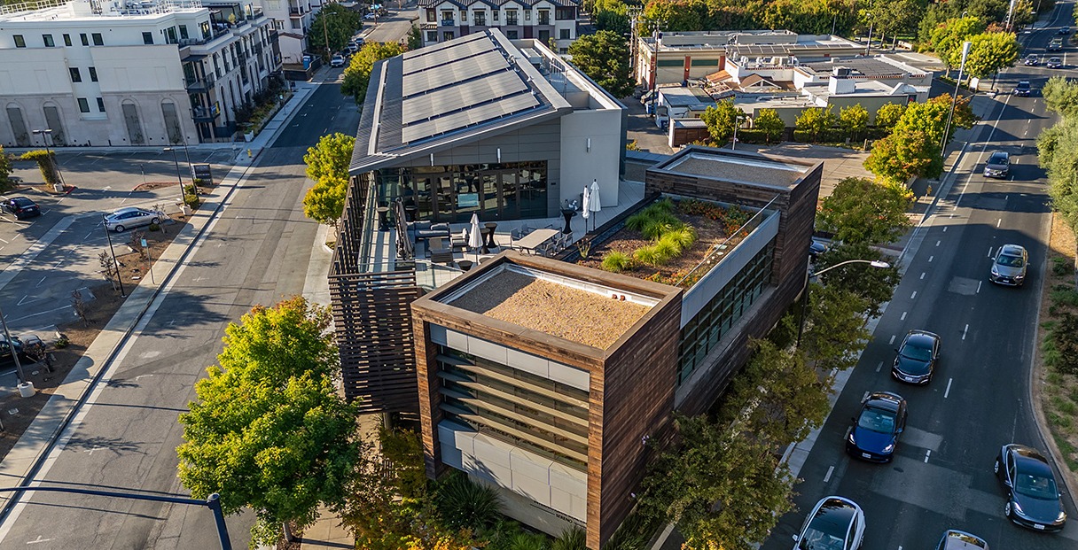 aerial view of Altos Bank building in the city of Los Altos 